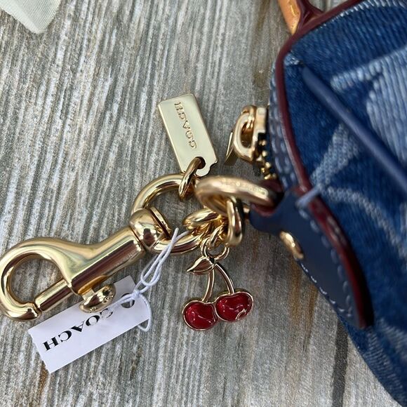 Coach Mini Rowan Bag Charm In Signature Denim With Cherry Charm Purse - Picture 2 of 10